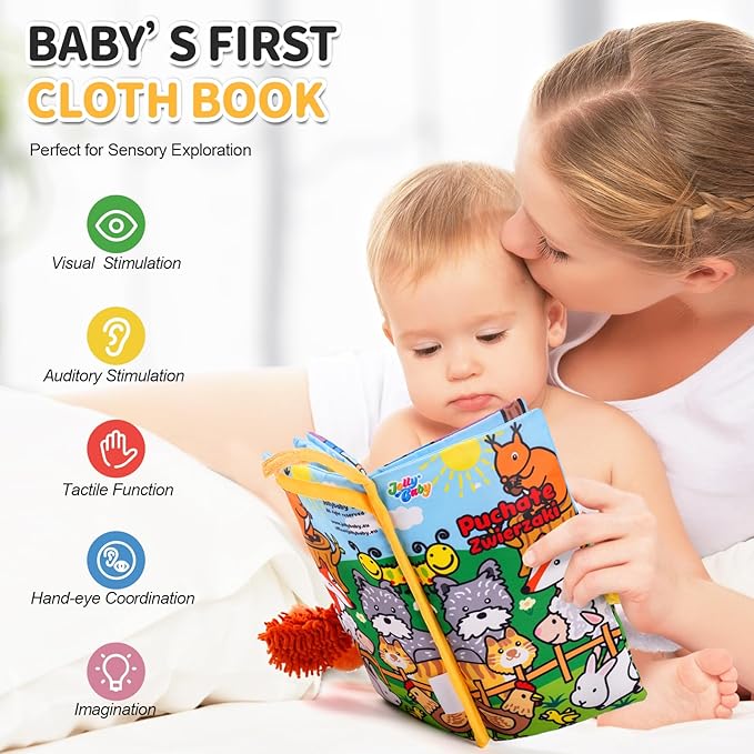 Jollybaby Baby Cloth Books, Touch & Feel Crinkle Soft Books, for Infants Babies, Toddler Early Educational Interactive Stroller Toys, Baby Girl & Boy Gift(Plush Tails)-CubbioJoy