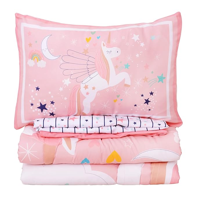 Cloele Pink Crib Bedding Set for Girls- 4 Piece Unicorns Baby Comforter Bed Set Includes Crib Skirt Quilt Fitted Sheet Toddler Pillowcase - Pink Soft Nursery Baby Bedding Set for Girls-CubbioJoy