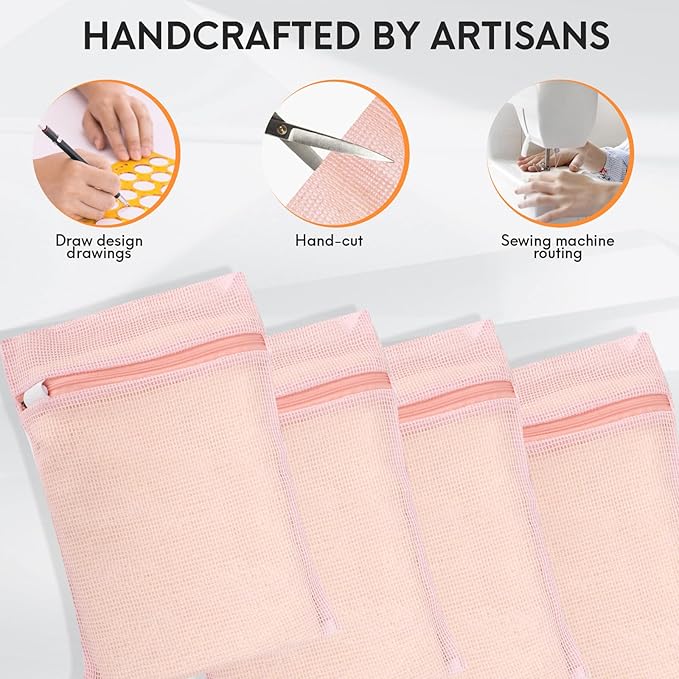 4 Piece Pink Small, Durable Organic Cotton Mesh Laundry Bag with Strong Zipper and Breathable Mesh, Delicate Laundry Bag for Underwear, Clothes, Pants and Socks-CubbioJoy