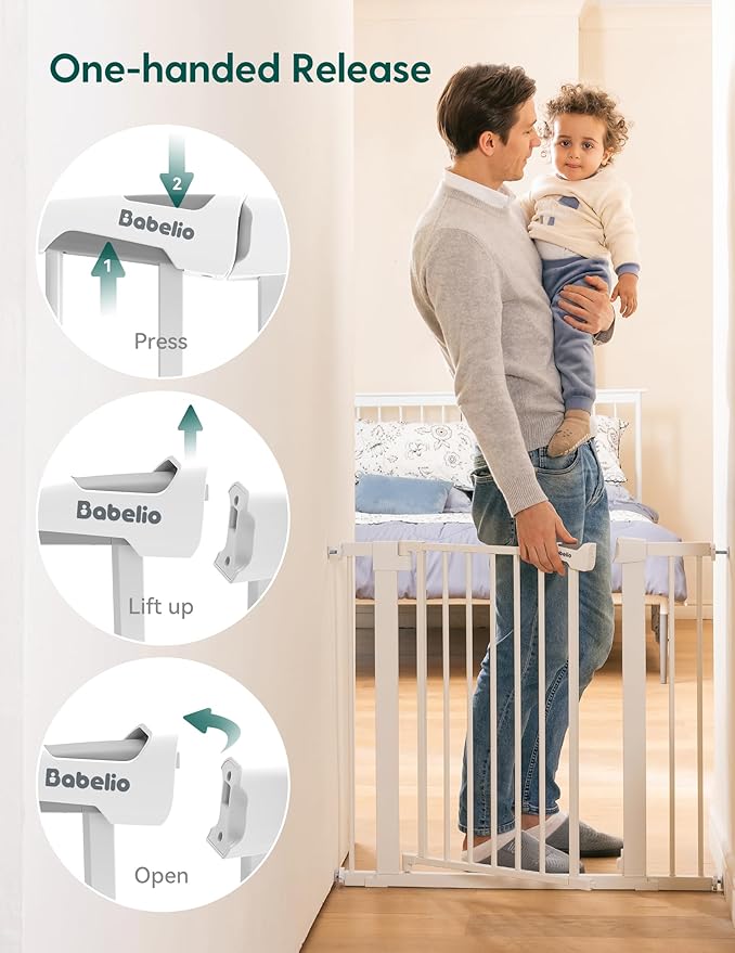 Babelio Metal Baby Gate, 29-43" Auto Close Easy Install Pet Gate, Extra Wide Walk Thru Child Safety Gate, 30" Tall Pressure Mounted Dog Gate for Doorways & Stairs, White-CubbioJoy