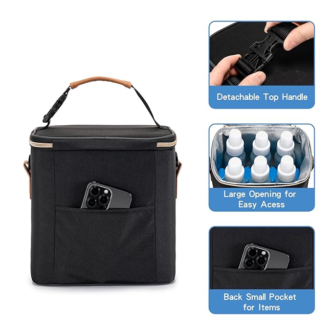 Breastmilk Cooler Bag with Ice Pack Fits 6 Baby Bottles Up to 9 Ounce, Baby Bottle Bag with Shoulder Strap for Nursing Mom Daycare, Black-CubbioJoy