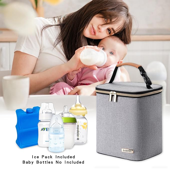 Breast Milk Cooler Bag with Ice Pack Fits 4 Baby Bottles Up to 9 Ounce, Baby Bottle Bag for Nursing Mom Daycare, Grey-CubbioJoy