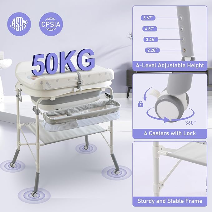 2-in-1 Baby Bathtub with Changing Table, Foldable Diaper Changing Station with 4 Wheels, Waterproof Pad, Storage Rack and Baby Bath Tub, Adjustable Height Portable Nursery Organizer for Newborn Infant-CubbioJoy
