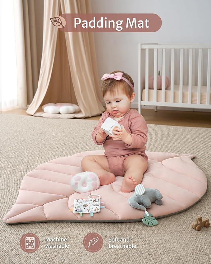 Blissful Diary Baby Play Gym & Activity Mat, Oversize Leaf Shaped Tummy Time Baby Play Mat w 6 Detachable Toys Promotes Motor Skills & Sensory Development, Newborn Infant Essentials Gift, Crystal Pink-CubbioJoy