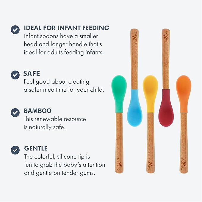 Avanchy Bamboo & Silicone Infant Training Spoons, BPA Free - Soft Tip, Easy on Gums, First Stage Feeding Utensils for Baby-Led Weaning, Self-Feeding, Green-CubbioJoy