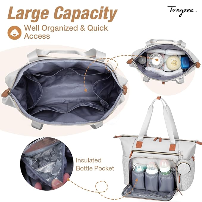 Diaper Bag Tote, Large Diaper Bags Waterproof, Hospital Bag for Labor Delivery, Baby Bag with Pacifier Case, Travel Diaper Tote with Changing Pad, Grey-CubbioJoy