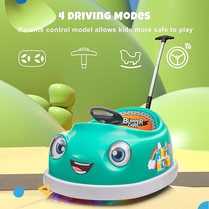 12V Dual Battery Electric Ride on Kids Bumper Car w/Remote Control,360 Degree Spin,Push Rod Rocker Horse Function,3-Speeds Babies & Toddlers Bumping Car Ride on Toy Gift for 1-4 Years Children（Green）-CubbioJoy
