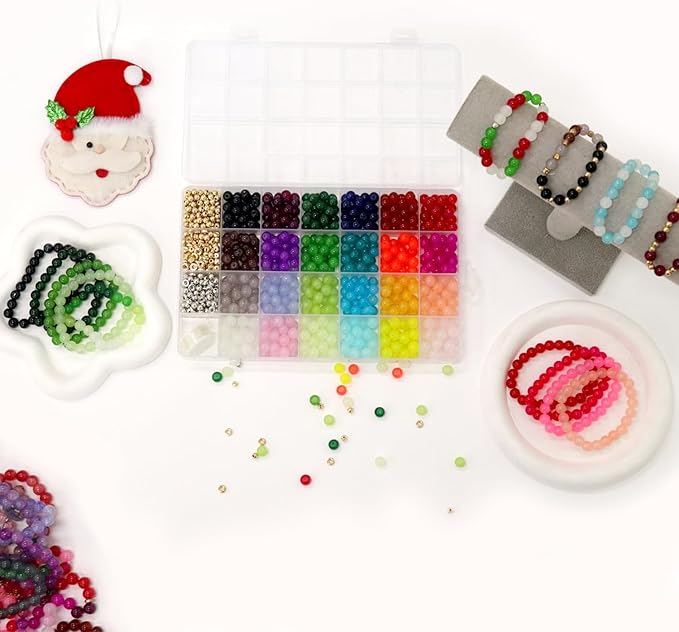 JULIMAIDONG 8mm Glass Beads for Bracelets 1000pcs, 24 Colors Round Crystal Glass Bracelet Beads Making Kit for Jewelry Making Kits Bead DIY Crafts with Spacer Charms Accessories (8MM, 24 Color)-CubbioJoy