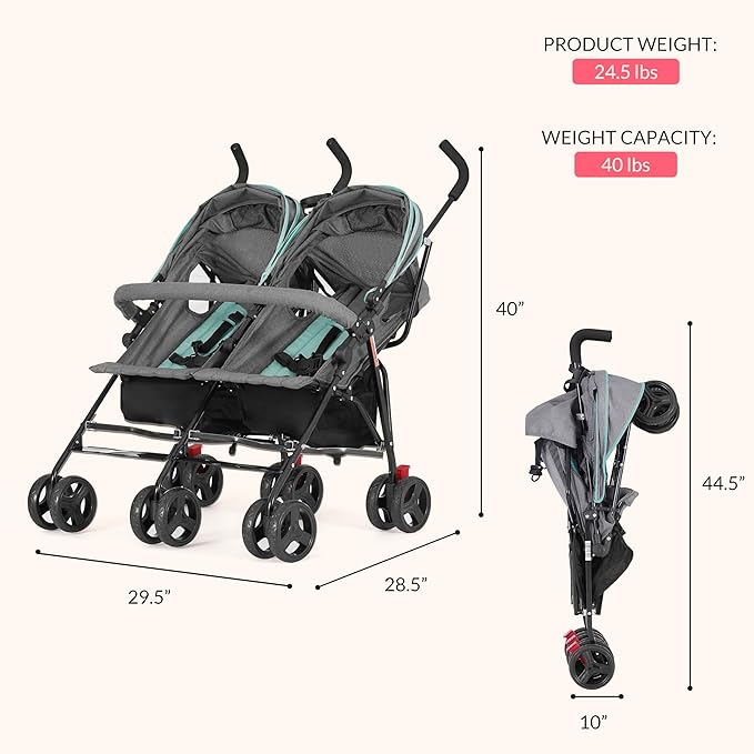 Dream On Me Volgo Twin Umbrella Stroller in Mint, Lightweight Double Stroller for Infant & Toddler, Compact Easy Fold, Large Storage Basket, Large and Adjustable Canopy-CubbioJoy