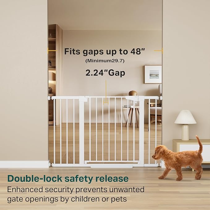 Cumbor 2 Pack 29.7"-48" Baby Gate for Stairs, Mom's Choice Awards Winner-Dog Gate for Doorways, Pressure Mounted Auto-Close Pet Gates for Dogs Indoor, Safety Child Gate with Easy Walk Thru Door,White-CubbioJoy