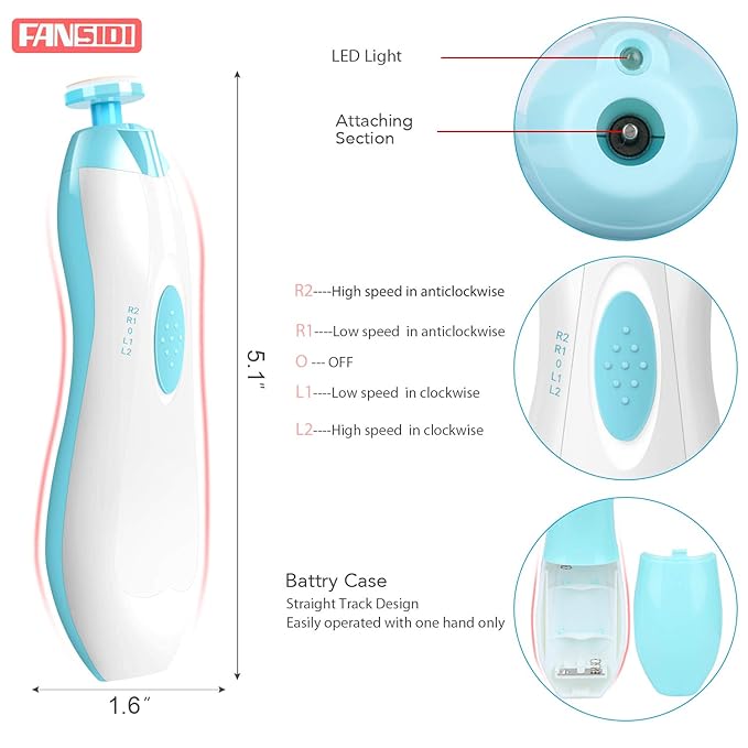 Baby Nail Clippers, FANSIDI Safe Baby Nail Trimmer Baby Nail File Electric with 10 Filing Pads 8 Sandpapers for Newborn Infant Toddler or Adult Toes Fingernails Care - AA Battery Operated (White/Blue)-CubbioJoy