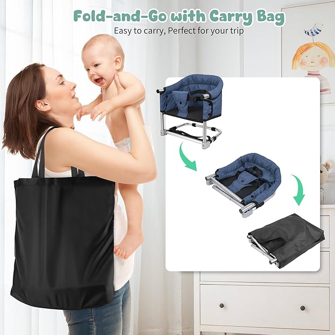 Booster Seat for Dining Table: Portable Toddler Booster Chair with Safety Buckle and Height Adjustable, Foldable Baby Feeding Chair, Kids High Chair Booster Seat for Kitchen Home Travel - Navy Blue-CubbioJoy