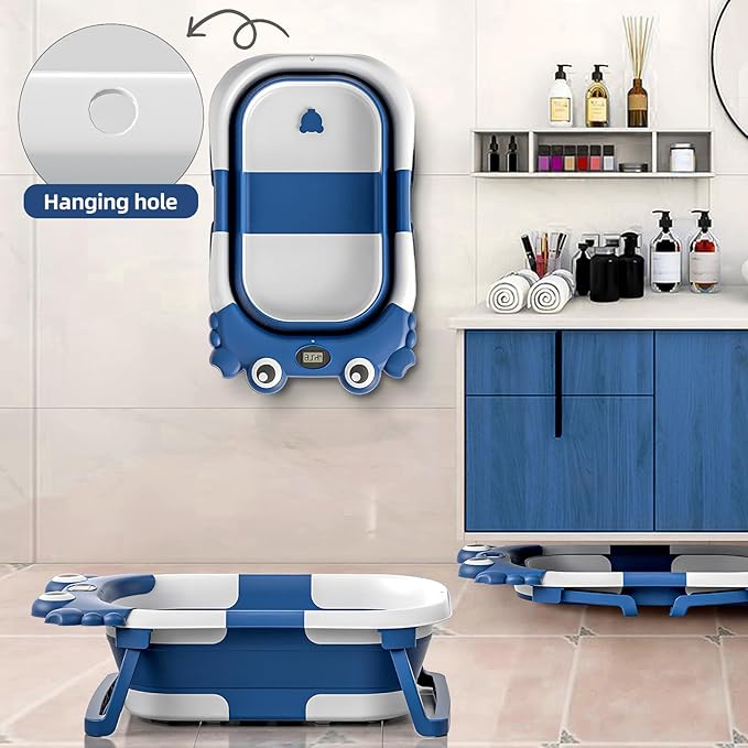 Collapsible Baby Bathtub for Newborns to Toddler with Real-time Temp Monitor & Floating Cushion,Portable Travel Tub for 0-36 Month, Foldable Baby Bath Tub for Infants Boy (Blue)-CubbioJoy