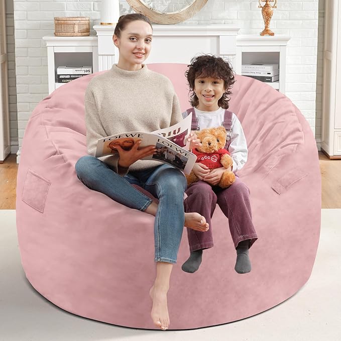 3FT Bean Bag Chair, Comfy Bean Bag Chairs with Memory Foam Filled, Fluffy Beanbag Sofa with Dutch Velvet Cover, Round BeanBag Chairs for Living Room, Playroom - Light Pink-CubbioJoy