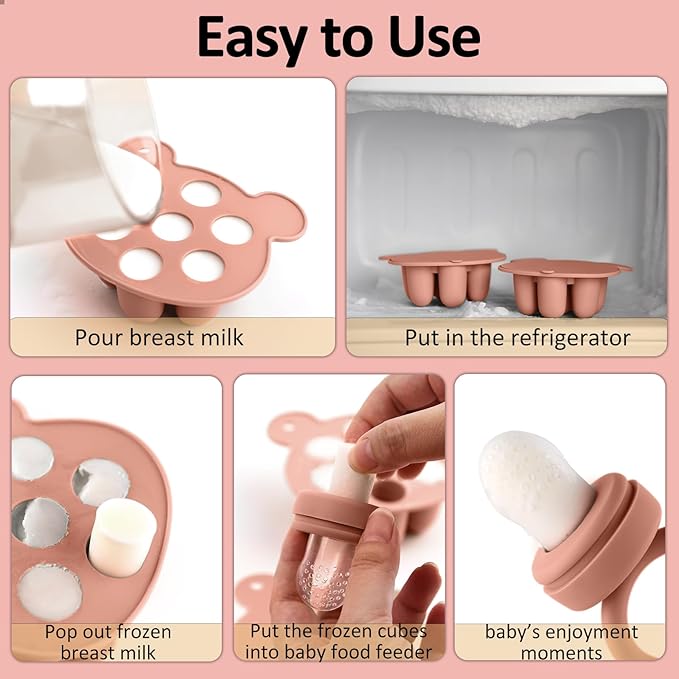 JEXFUN Baby Breastmilk Popsicle Molds & Baby Fruit Food Feeder Pacifier Combo, BPA Free Silicone Nibble Freezer Tray Storage Containers Teething Toys for Safe Infant Self Feeding, 4 Month+(Orange)-CubbioJoy