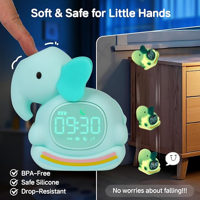 Alarm Clock for Kids with Night Light, Sleep Training Clock Time to Wake Clock, Rechargeable Silicone Light for Bedroom, Perfect Sleep Companion for Boys Girls, Green Elephant-CubbioJoy