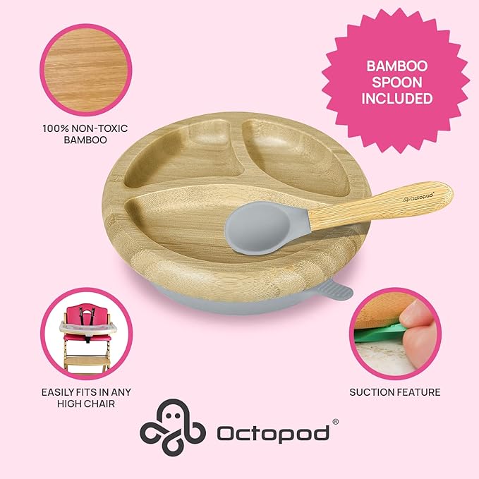 Abiie Octopod Bamboo Dish - Kids Plates for 4 months and up, 3-Compartment Baby Plates with Suction, Round Bamboo Baby Plate, Mess-Free Toddler Suction Plates, Baby Feeding Supplies, 7.5 x 7.5 x 1.9in-CubbioJoy