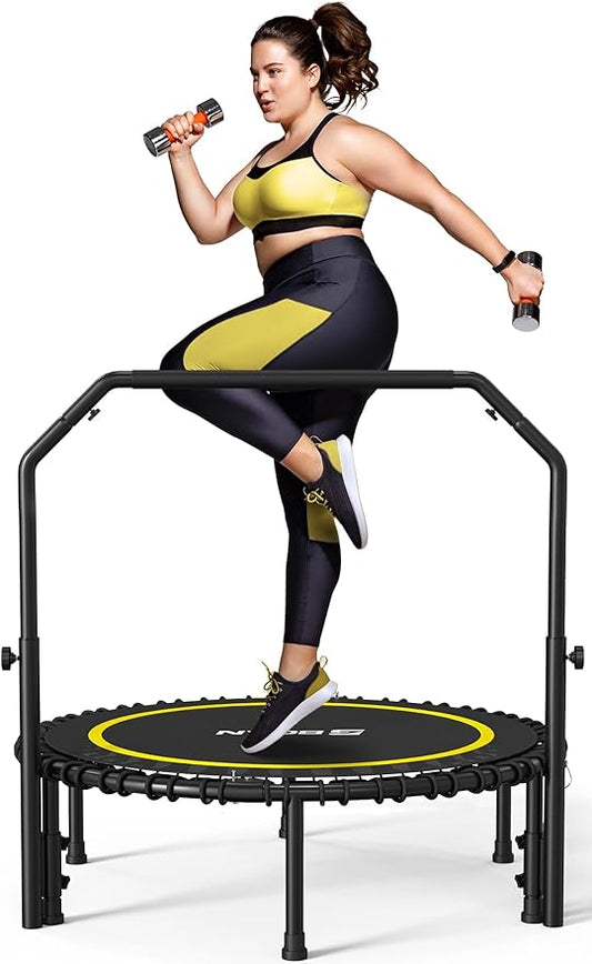 BCAN 40"/48" Mini Rebounder Trampoline for Adults with Bar, 450/550LBS Fitness Trampoline with Bungees, Adjustable Handle, Stable & Quiet, Indoor Outdoor, Whole-Body Workout & Relaxation at Home-CubbioJoy