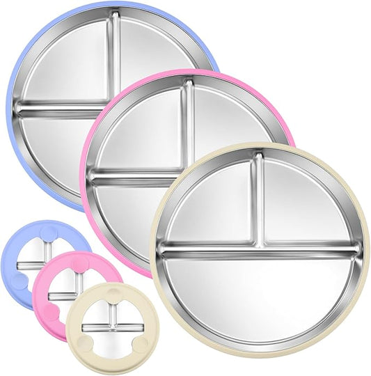 3-Pack Stainless Steel Baby Plates with Suction, BPA-Free Stainless Steel Kids Plates, 9” Divided Toddler Plate for Dishwasher Safe, Non-Slip Silicone Base, Detachable Design (Blue, Pink, Beige)-CubbioJoy