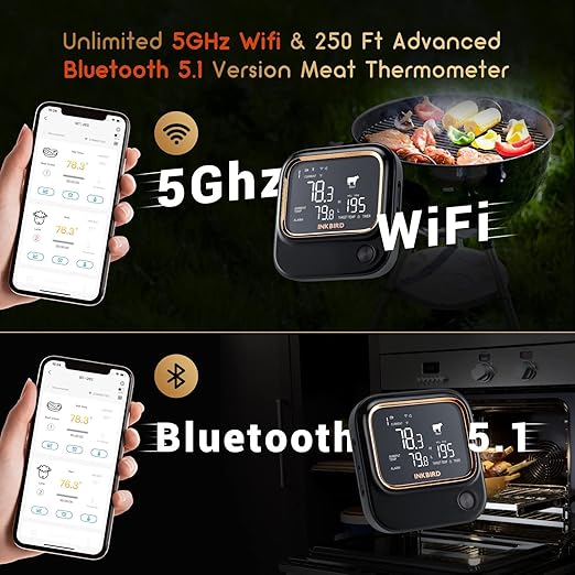 5GHz WiFi & Bluetooth 5.1 Meat Thermometer, Inkbird WiFi Grill Meat Thermometer for Grilling Smoker BBQ Cooking with 4 Probes, IBT-26S Wireless APP Control, Alarm Timer, Backlit LCD, Rechargeable-CubbioJoy