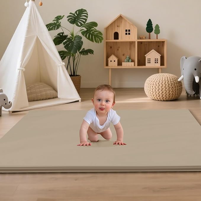 Baby Play Mat 47x47 Inches, Extra Thick 1.2" Foam Floor Mat for Tummy Time & Crawling, Waterproof Non-Slip Faux Leather Playpen Mat for Infants Toddlers, Indoor Outdoor Gym Activity, Brown-CubbioJoy