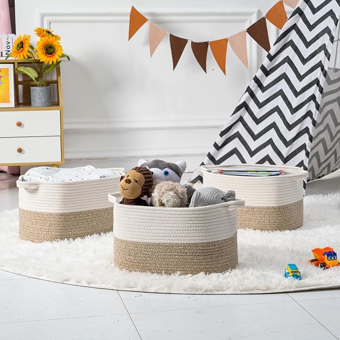 Cotton Rope Woven Storage Basket, Used for Baby Hamper Toy Organizer, Gift Baskets Empty,Kids Laundry Basket,Baby Blanket Basket. Size 15x10x8.7 Inches. (White&Brown-3PCS)-CubbioJoy