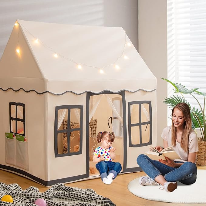 INFANS Kids Play Tent with Washable Mat Star Light Windows, Anti-Trip Large Playhouse Toys for Children Boys Girls, Indoor Outdoor Princess Tents Castle for Toddlers (Black)-CubbioJoy