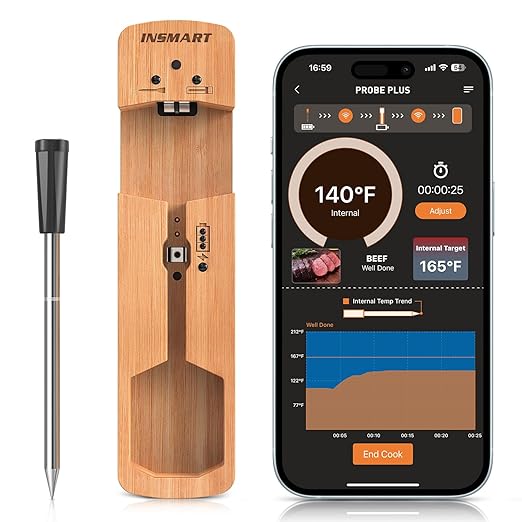 INSMART Wireless Smart Meat Thermometer,330FT Bluetooth Range,100% Waterproof,Precision Cooking Grilling,Multi Sensors,for BBQ,Oven,Grill,Kitchen,Smoker, Rotisserie Turkey Beef/iOS & Android App-CubbioJoy