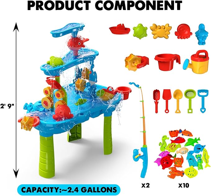 CozyBomB™ Water Table for Toddlers 3-5 | Outdoor Toys Water Play Table, Magnetic Fishing Toy Game, Summer Splash Pond Showers Sand Activity, Sensory Party Birthday Gift Kids Ages 4-8 9-12 (3-Tiers)-CubbioJoy