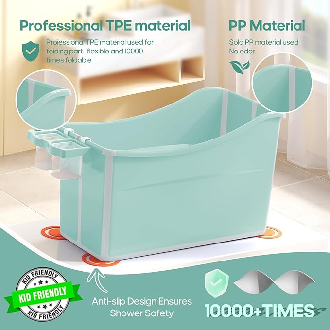 Collapsible Baby Bathtub Foldable Bathtub for Toddler Portable Large Foldable Bath Tub Bathtub for Kids Petite with Thermometer and Storage Basket (Green)-CubbioJoy