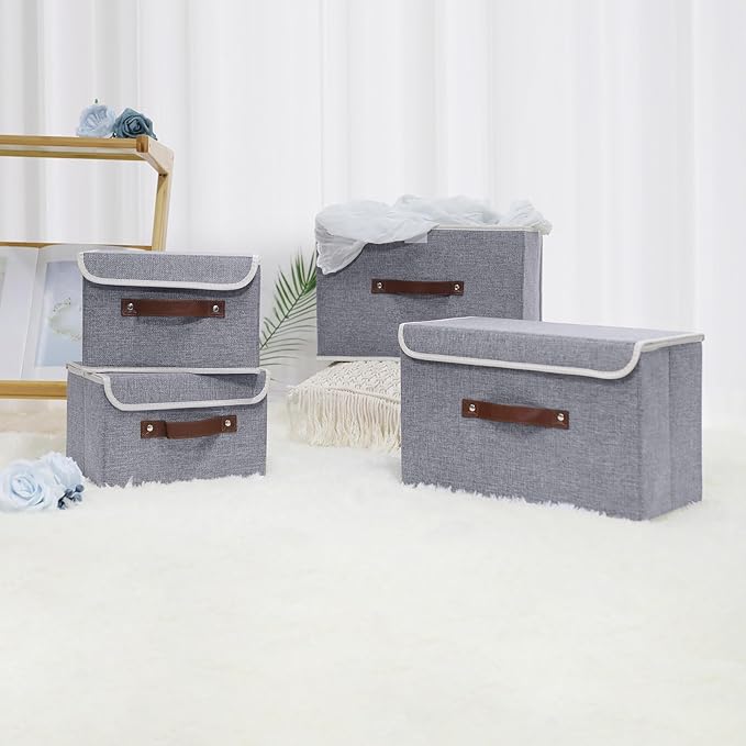 ANMINY 4PCS Storage Bins with Lid PU Leather Handles Storage Boxes PP Plastic Board Decorative Foldable Lidded Cotton Linen Fabric Home Cubes Baskets Closet Organizer Containers - Gray, Large Size-CubbioJoy