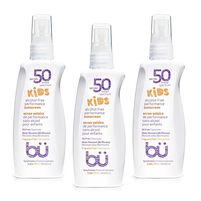 BU SPF 50 Fragrance Free Kids Sunscreen Spray for Face and Body, TSA Travel Size Sunscreen, Clear Non Aeorsol Spray, Non Greasy, Water Resistant and Oil Free, 3.3 oz (3-pack)-CubbioJoy
