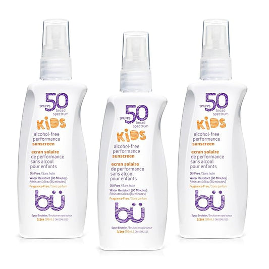 BU SPF 50 Fragrance Free Kids Sunscreen Spray for Face and Body, TSA Travel Size Sunscreen, Clear Non Aeorsol Spray, Non Greasy, Water Resistant and Oil Free, 3.3 oz (3-pack)-CubbioJoy