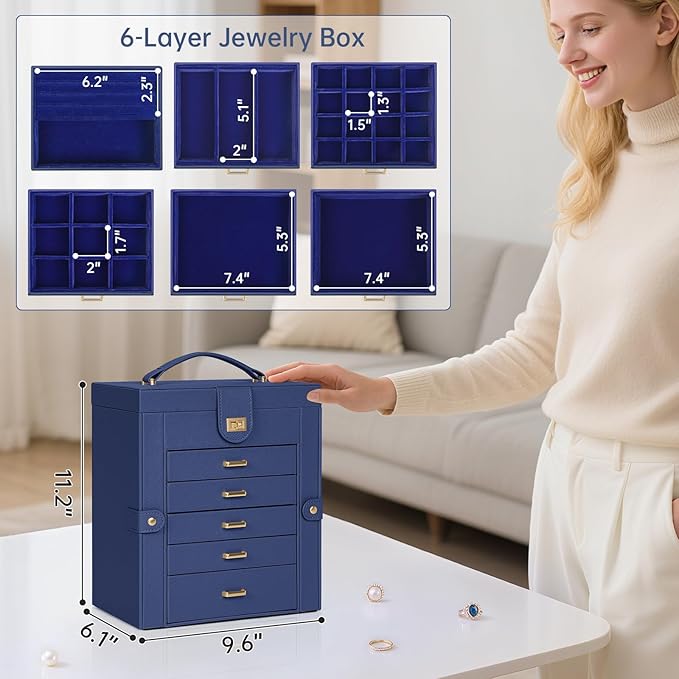 AKOZLIN 6-Tier Jewelry Box Organizer Functional 5 Drawers Leather Jewelry Storage Case for Women Girls Ring Necklace Earring Bracelet Holder Organizer with Mirror Blue-CubbioJoy
