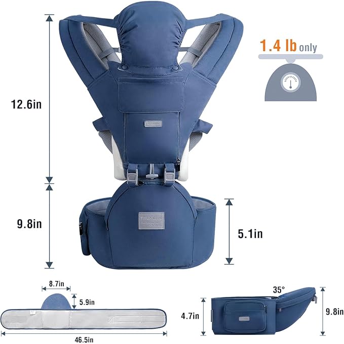 Baby Carrier, 3-in-1 Baby Carrier Newborn to Toddler with Hip Seat (Ergonomic M Position) for 0-36 Month/7-45lbs, Adjustable Size for Enhanced Lumbar Support, Perfect for On-The-go, Blue-CubbioJoy