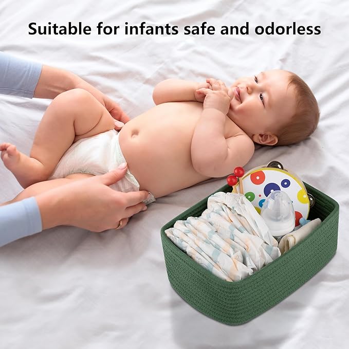 4 Pack Small Storage Shelf Baskets for Organizing, Mini Woven Rope Storage Bins for Towels, Cute Decorative Closet Organizer，Baby Nursery, Gift Empty Baskets -13''Lx8.66''Wx5.11''H-Green-CubbioJoy