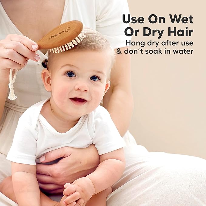 Baby Hair Brush and Comb Set for Newborn - Wooden Baby Hair Brush Set with Soft Goat Bristle, Baby Brush Set for Newborns, Baby Brush and Comb Set Girl, Boy, Toddler Cradle Cap Brush(Oval, Golden Oak)-CubbioJoy