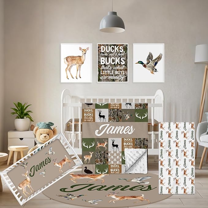 Custom Baby Crib Bedding Set, 5 Pcs Personalized Name Baby Crib Sets for Infant Toddler, Green Woodland Deer Nursery Bedding Set for Boys Girls, Double Layer Baby Bedding Sets Customized Gifts-CubbioJoy