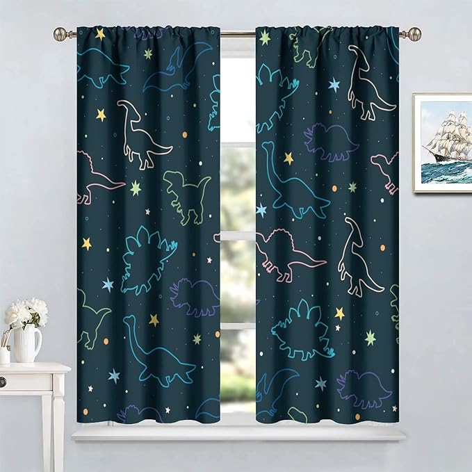 Cartoon Colorful Dinosaur Curtains for Kids Boys Girls Home Decor, Astronaut Funny Outer Space Star Blackout Rod Pocket Window Drapes for Bedroom Living Room W31.5xL72in 2 Panels-CubbioJoy