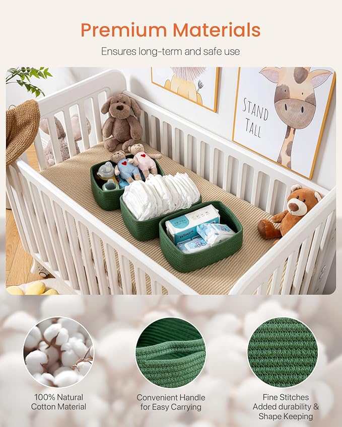 KALLAX Small Woven Basket, 12 x 8 x 4.5 Inches, Storage Basket for Organizing, Cute Small Rope Shelf Closet Cube Storage Bins Baskets for Shelves, Dog Toy Gift Baskets Empty, 3 Packs, Green-CubbioJoy