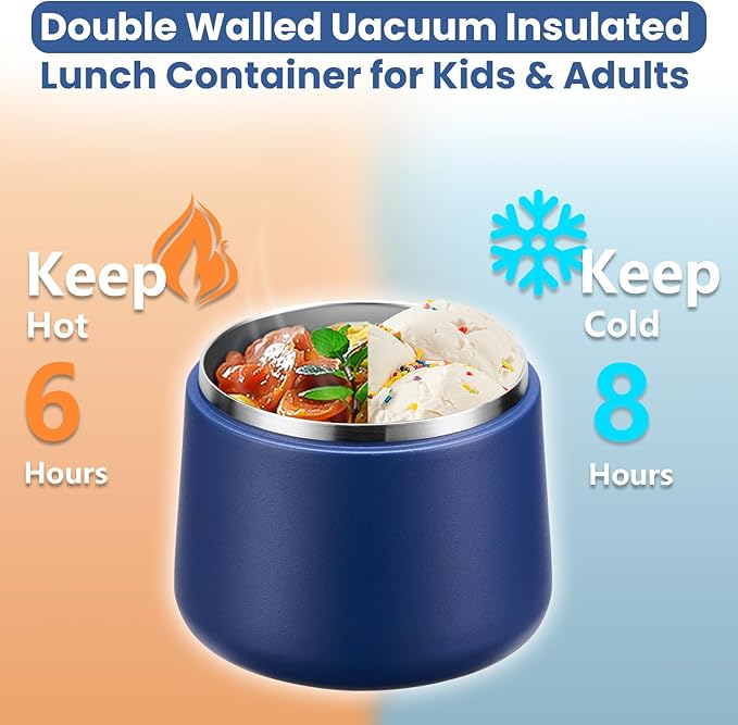 14oz Insulated Vacuum Food Jar with Buckle Lid,Soup Thermo for Hot Food Kids,Wide Mouth Leakproof Stainless Steel Lunch Container with Spoon-Blue-CubbioJoy