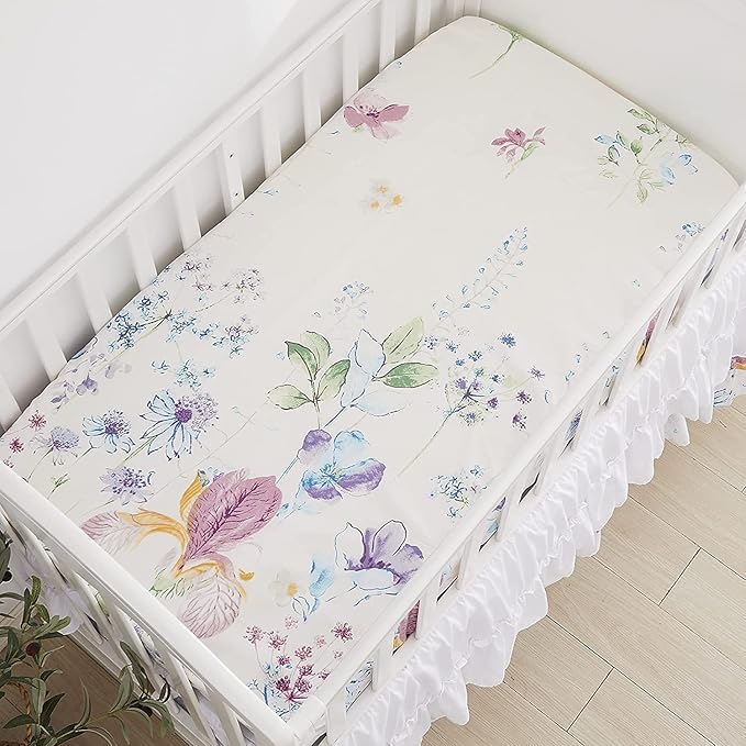 Brandream Wildflower Butterfly Crib Bedding Sets for Girls Farmhouse Baby Nursery Bedding Blanket Set Romantic Purple White, 6 Pieces-CubbioJoy