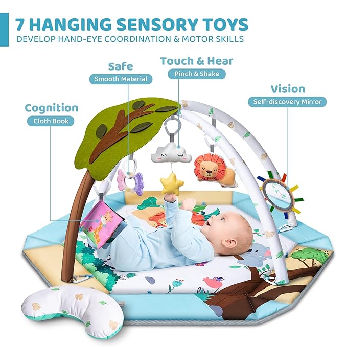 Baby Gym Play Mat, 8-in-1 Tummy Time Mat & Ball Pit with 6 Toys, Washable Baby Activity Play Mat for Visual, Hearing, Sensory, Motor Development, Baby Toys Gift for Toddler Infant 0-3-6-9-12 Month-CubbioJoy