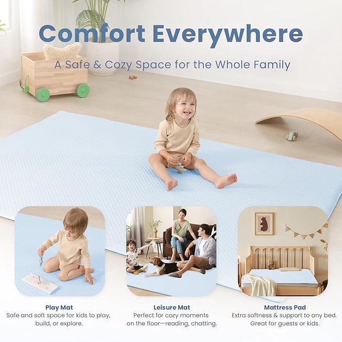Baby Play Mat for Summer,1.3 Thick Memory Foam Cooling Floor Tummy Time Mat, Soft & Breathable, Non-Slip Rectangular for Toddlers’ Playtime & Rest(Light Blue,59"x79")-CubbioJoy