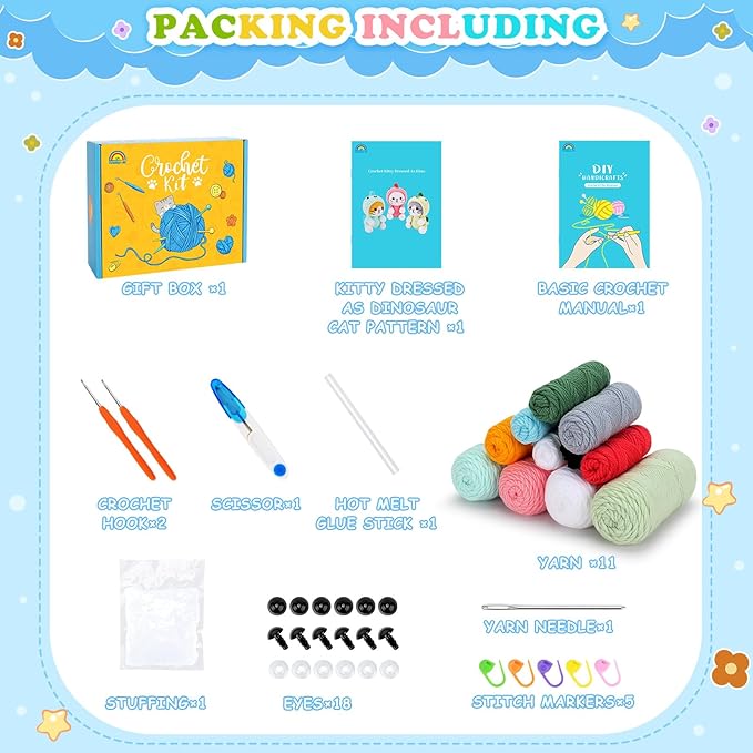 Crochet Kit for Beginners - 3 PCS Dinosaur Cat Crochet Kits with Step-by-Step Video Tutorials, Beginner Crochet Kit for Adults Kid, Crochet Animal Kit for Starters, Cat Dressed as Dinosaur Crochet Set-CubbioJoy