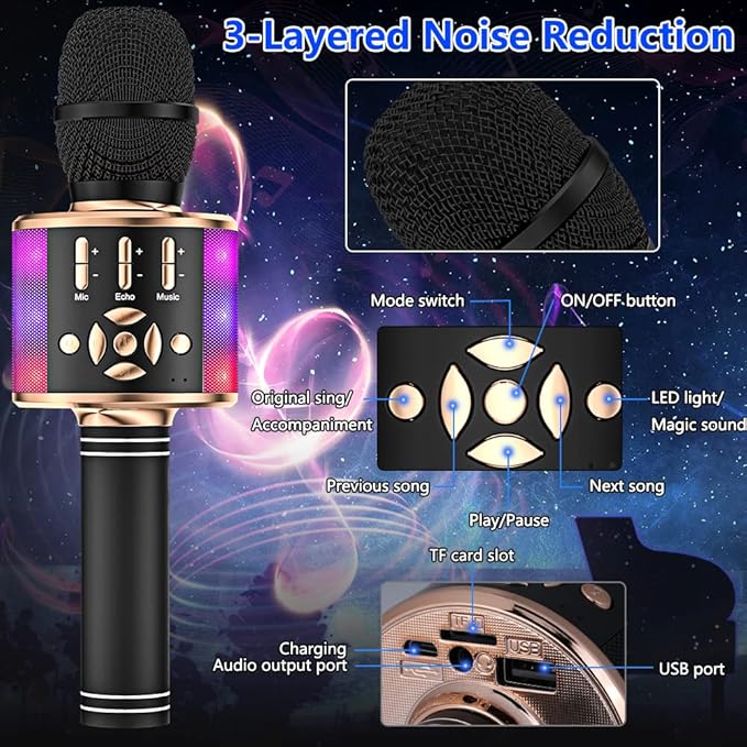 Amazmic Kids Karaoke Microphone Machine Toy Bluetooth Microphone Portable Wireless Karaoke Machine Handheld with LED Lights, Gift for Children Adults Birthday Party, Home KTV(Black Gold)-CubbioJoy