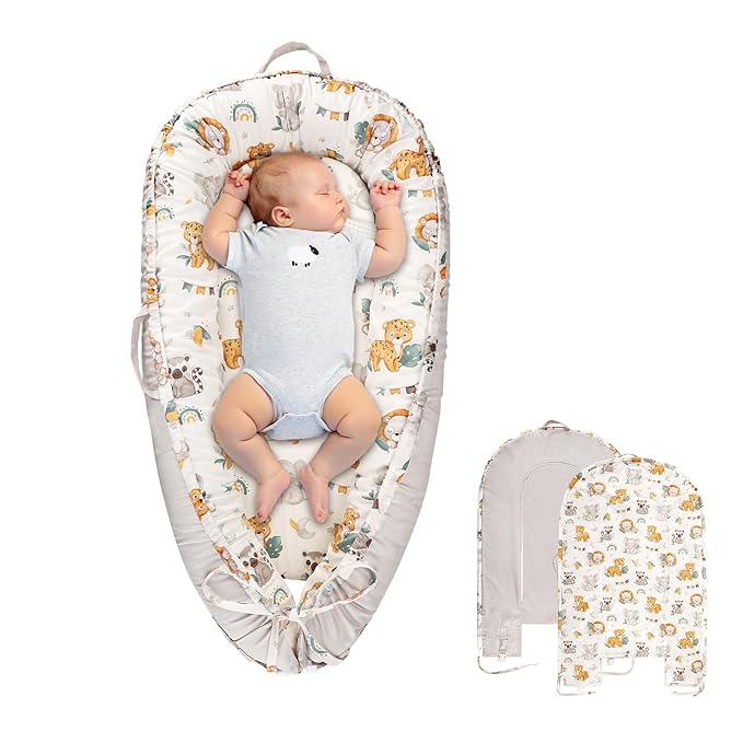 Baby Lounger Cover for Boys Girls, Reversible Baby Nest Cover, Adjustable Baby Lounger Replaceable Cover for Infant Newborn, Portable and Machine Washable, Cotton Gray Elephant Cover Only-CubbioJoy