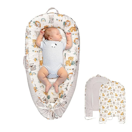 Baby Lounger Cover for Boys Girls, Reversible Baby Nest Cover, Adjustable Baby Lounger Replaceable Cover for Infant Newborn, Portable and Machine Washable, Cotton Gray Elephant Cover Only-CubbioJoy