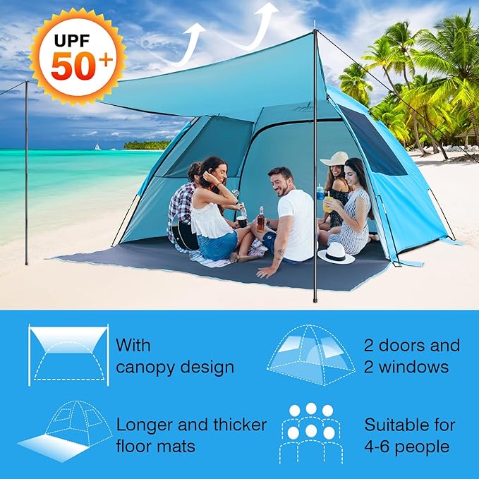 DLUCKY Beach Tent for 1/2/3/4/5/6 Person,Anti-UV Portable Sun Shade ShelterUPF 50+,Both Sides Extendable Floor,Extendable Awning,with 2 Ventilating Mesh Windows,Lightweight & Easy Setup.-CubbioJoy