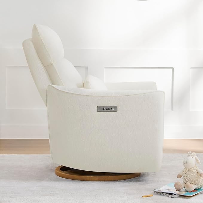 CHITA Swivel Rocker Recliner Chair, Power Nursery Glider Recliner, Nursery Rocking Chair with Adjustable Power Headrest, FSC Certified, Solid Wood Base, Cream-CubbioJoy